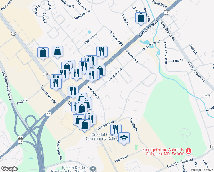 map of restaurants, bars, coffee shops, grocery stores, and more near 2514 Commerce Road in Jacksonville