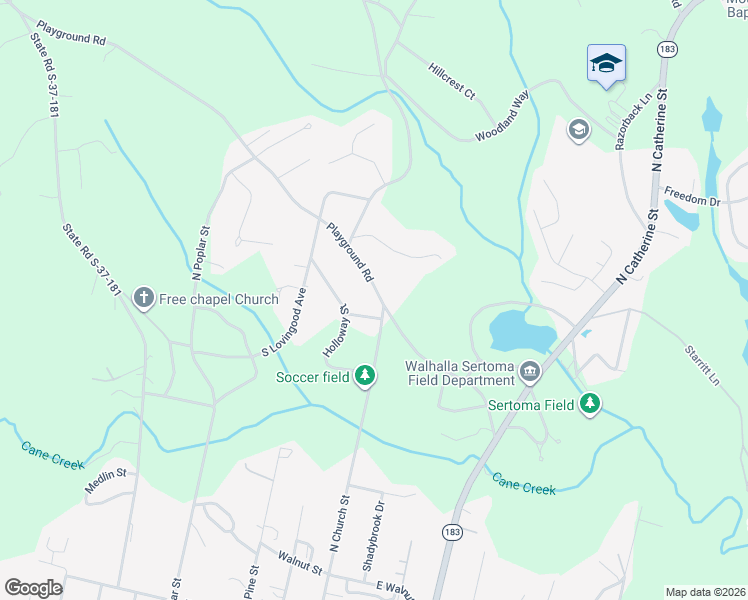 map of restaurants, bars, coffee shops, grocery stores, and more near 301 Playground Road in Walhalla