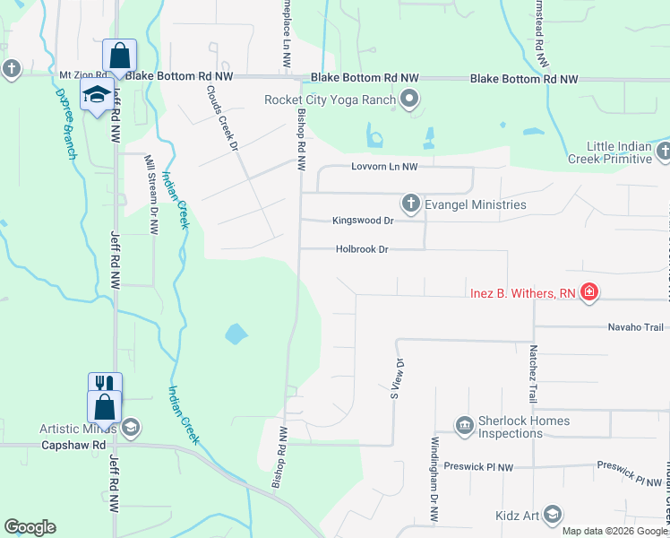 map of restaurants, bars, coffee shops, grocery stores, and more near 105 Wellhouse Court Northwest in Huntsville