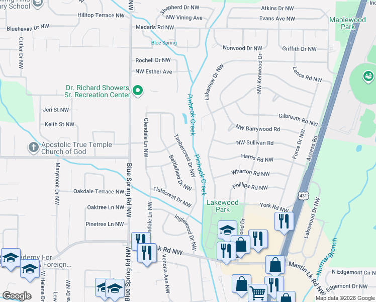 map of restaurants, bars, coffee shops, grocery stores, and more near 3820 Timbercrest Drive Northwest in Huntsville