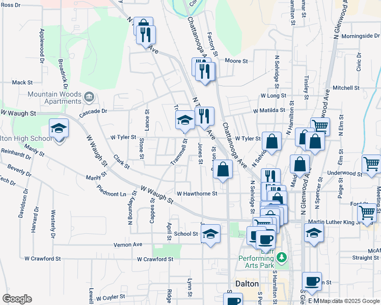 map of restaurants, bars, coffee shops, grocery stores, and more near 623 Charles Street in Dalton