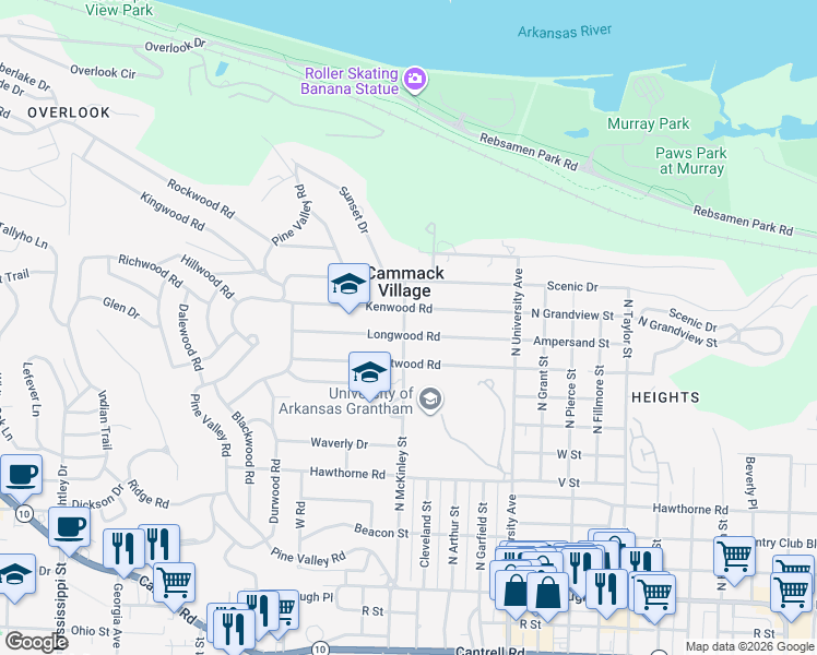map of restaurants, bars, coffee shops, grocery stores, and more near 6324 Longwood Rd in Little Rock