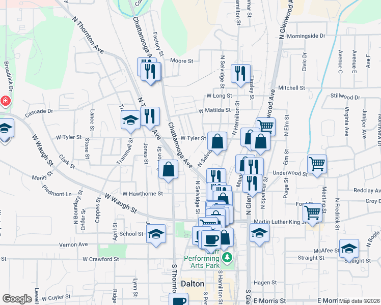 map of restaurants, bars, coffee shops, grocery stores, and more near 514 Chattanooga Avenue in Dalton