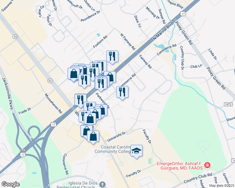 map of restaurants, bars, coffee shops, grocery stores, and more near 2514 Commerce Road in Jacksonville