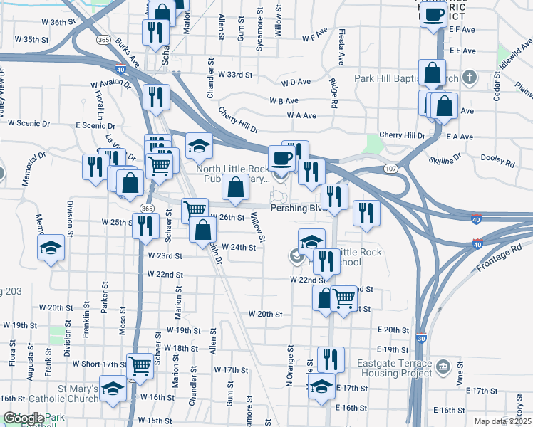 map of restaurants, bars, coffee shops, grocery stores, and more near 312 West Pershing Boulevard in North Little Rock