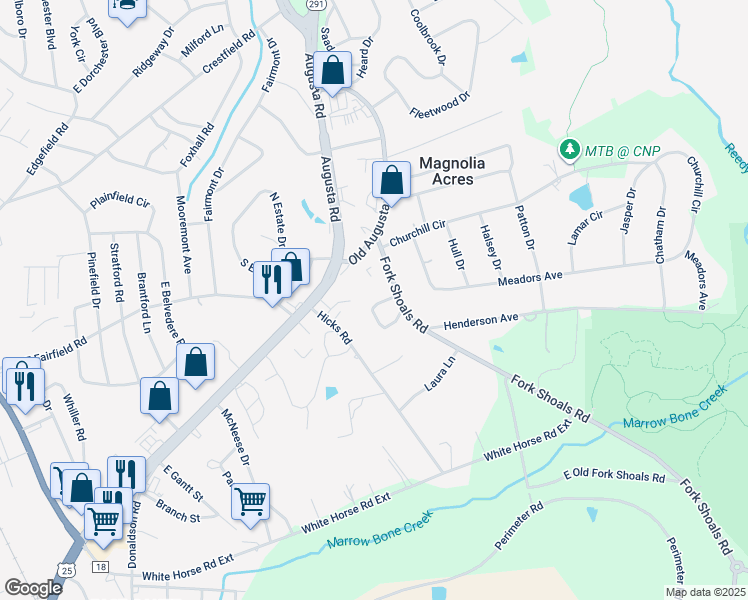map of restaurants, bars, coffee shops, grocery stores, and more near 3 Horse Shoe Circle in Greenville