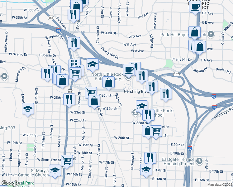 map of restaurants, bars, coffee shops, grocery stores, and more near 312 Pershing Boulevard in North Little Rock