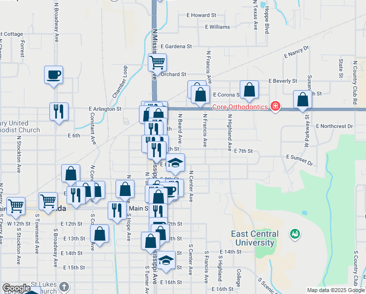 map of restaurants, bars, coffee shops, grocery stores, and more near 800 East 7th Street in Ada