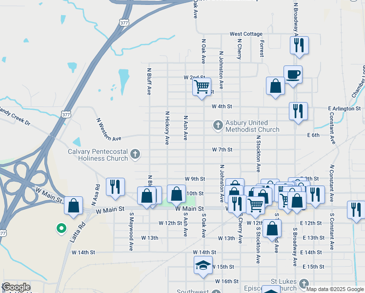 map of restaurants, bars, coffee shops, grocery stores, and more near 700 West 7th Street in Ada