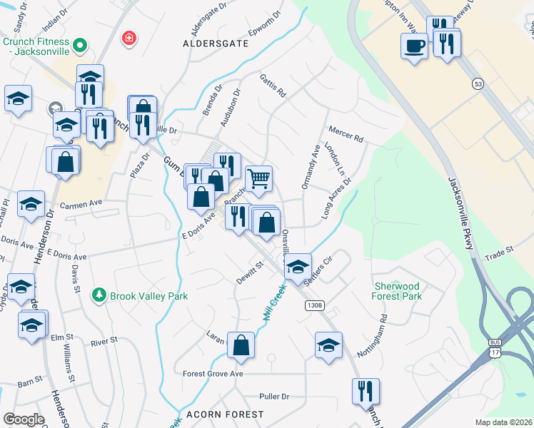 map of restaurants, bars, coffee shops, grocery stores, and more near 122 Croatan Court in Jacksonville