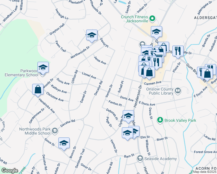 map of restaurants, bars, coffee shops, grocery stores, and more near 903 Vernon Drive in Jacksonville
