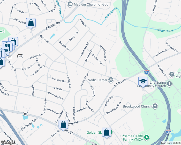 map of restaurants, bars, coffee shops, grocery stores, and more near 101 Fernande Drive in Mauldin