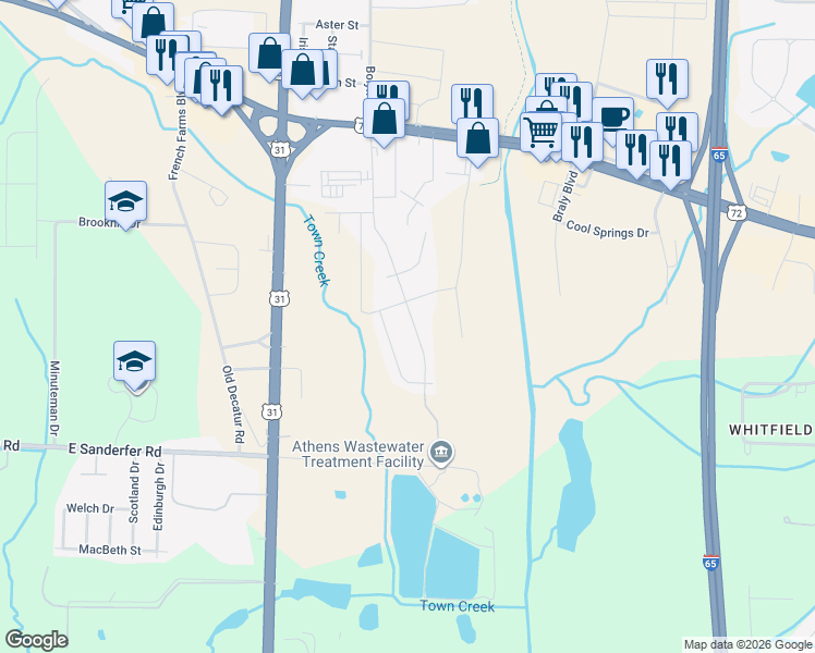 map of restaurants, bars, coffee shops, grocery stores, and more near 404 Cloverleaf Drive in Athens