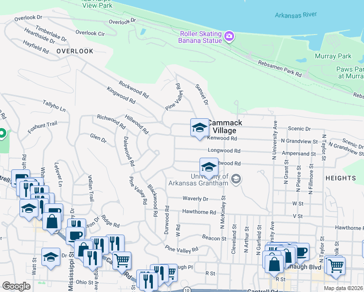 map of restaurants, bars, coffee shops, grocery stores, and more near 6724 Longwood Road in Little Rock