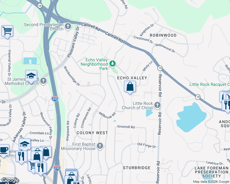 map of restaurants, bars, coffee shops, grocery stores, and more near 2817 Millbrook Rd in Little Rock