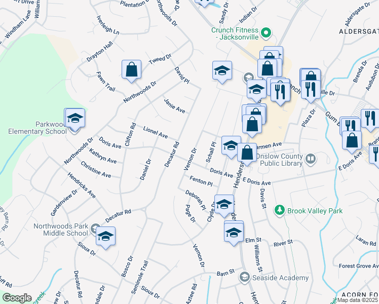 map of restaurants, bars, coffee shops, grocery stores, and more near 903 Vernon Drive in Jacksonville