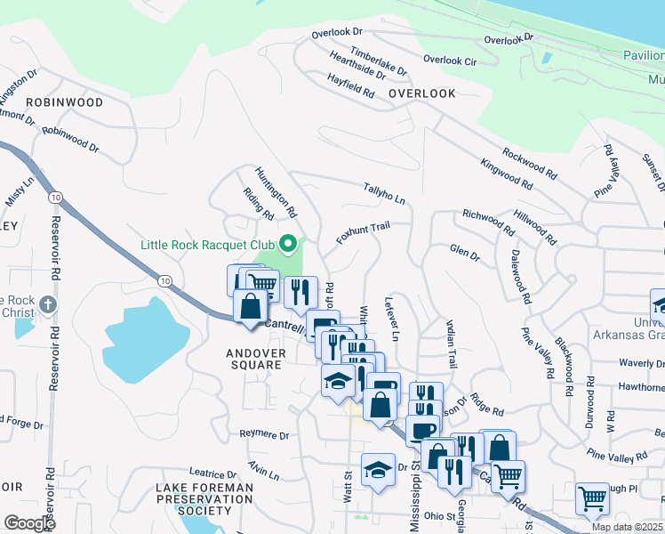 map of restaurants, bars, coffee shops, grocery stores, and more near 2 Reynard Court in Little Rock