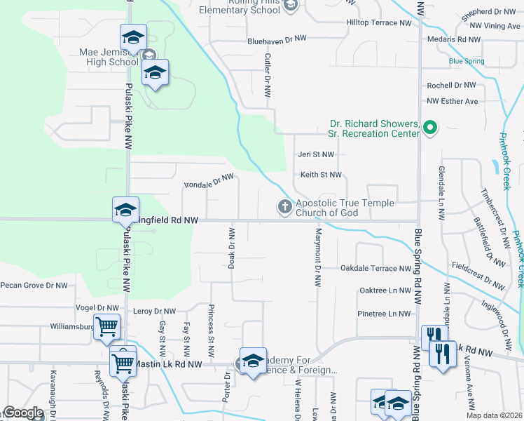 map of restaurants, bars, coffee shops, grocery stores, and more near 4002 Offutt Court Northwest in Huntsville