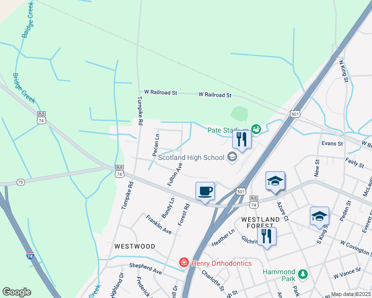 map of restaurants, bars, coffee shops, grocery stores, and more near 203-299 Fulton Avenue in Laurinburg