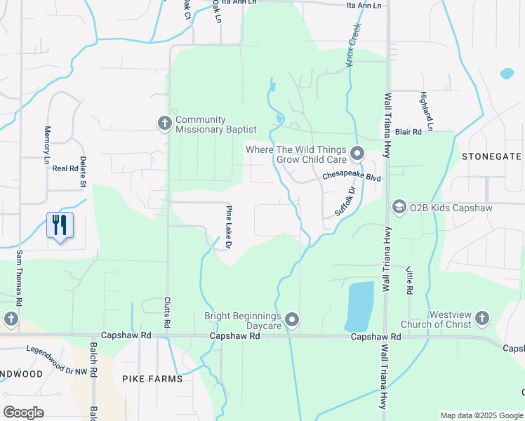 map of restaurants, bars, coffee shops, grocery stores, and more near 115 Northwood Circle in Harvest
