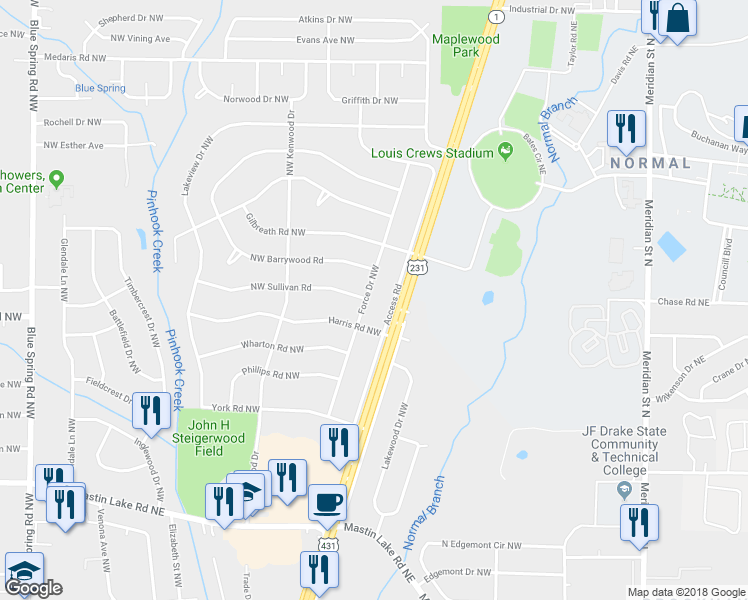 map of restaurants, bars, coffee shops, grocery stores, and more near 4200 Force Drive Northwest in Huntsville