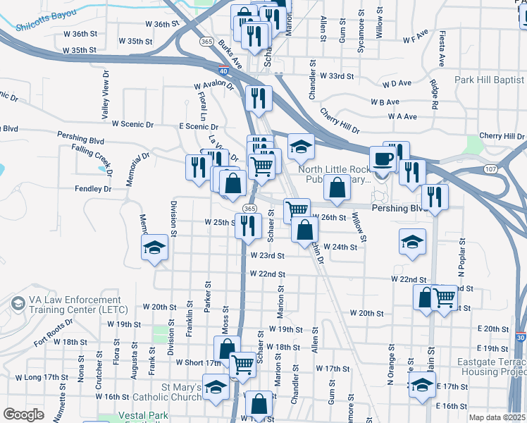 map of restaurants, bars, coffee shops, grocery stores, and more near 900 West Pershing Boulevard in North Little Rock