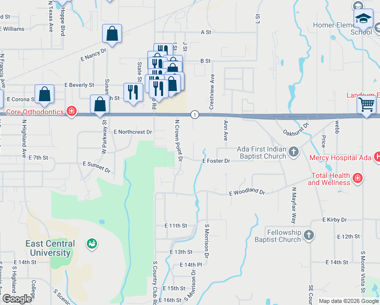 map of restaurants, bars, coffee shops, grocery stores, and more near 509 Rebecca Lane in Ada
