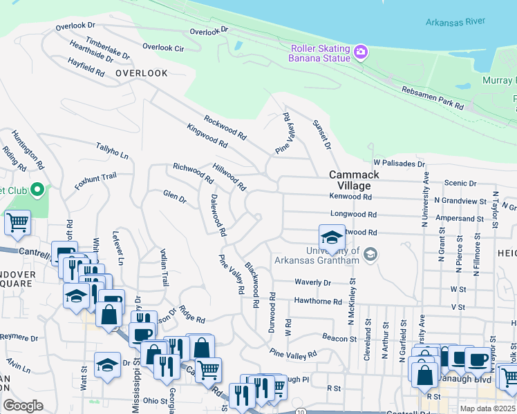 map of restaurants, bars, coffee shops, grocery stores, and more near 1419 Pine Valley Road in Little Rock