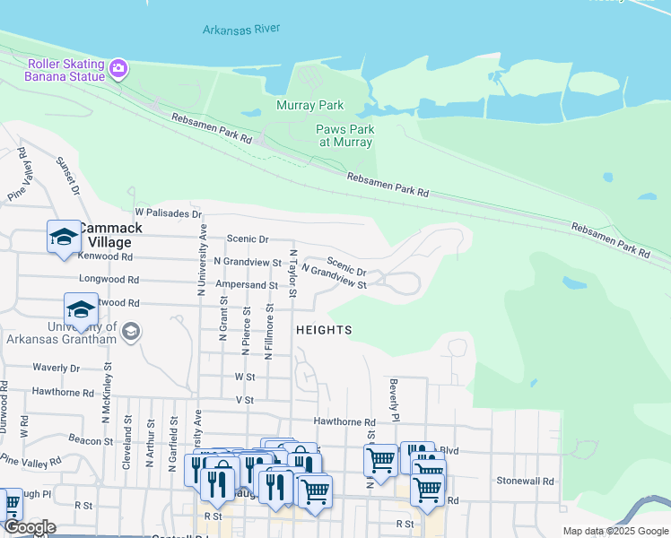 map of restaurants, bars, coffee shops, grocery stores, and more near 5406 North Grandview in Little Rock