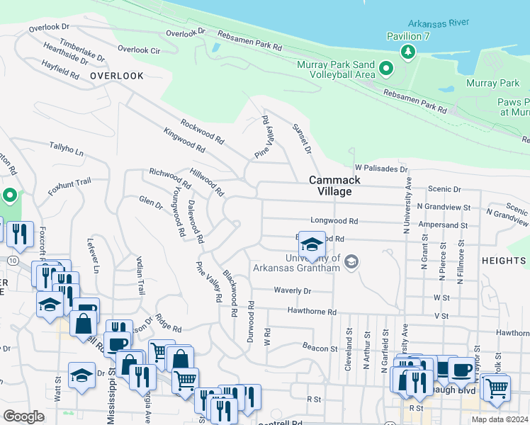 map of restaurants, bars, coffee shops, grocery stores, and more near 6724 Longwood Road in Little Rock