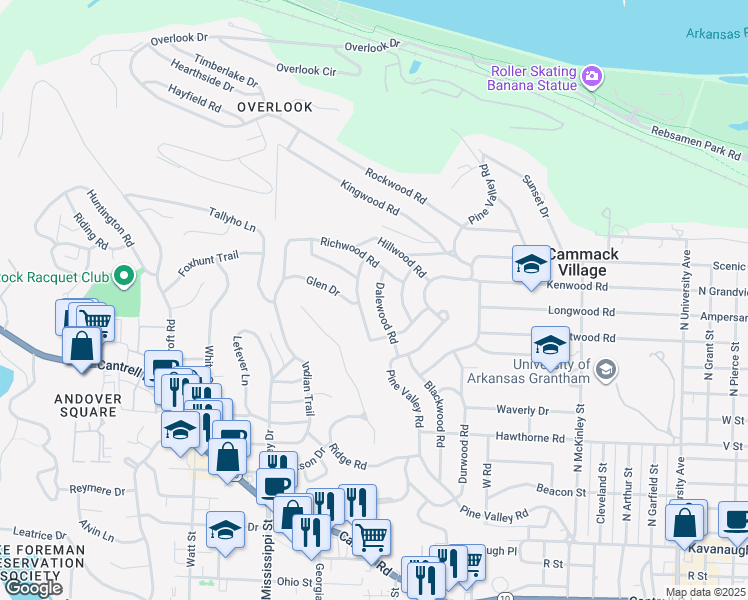 map of restaurants, bars, coffee shops, grocery stores, and more near 2904 Dalewood Road in Little Rock