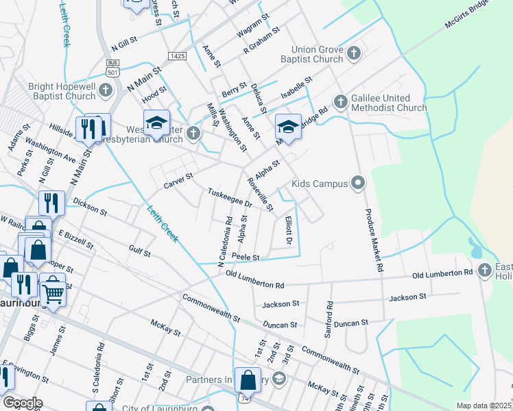 map of restaurants, bars, coffee shops, grocery stores, and more near 508 Tuskeegee Drive in Laurinburg