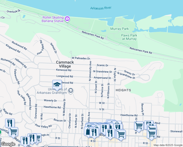 map of restaurants, bars, coffee shops, grocery stores, and more near 2915 North University Avenue in Little Rock