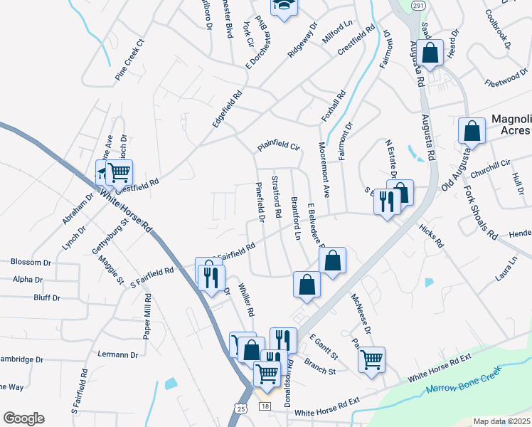 map of restaurants, bars, coffee shops, grocery stores, and more near 200 Pinefield Drive in Greenville