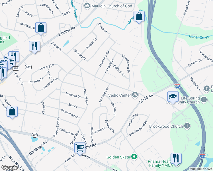 map of restaurants, bars, coffee shops, grocery stores, and more near 101 Fernande Drive in Mauldin