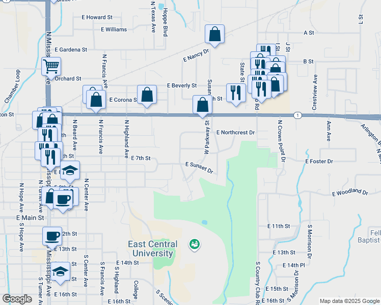 map of restaurants, bars, coffee shops, grocery stores, and more near 1415 E Sunrise Ln in Ada
