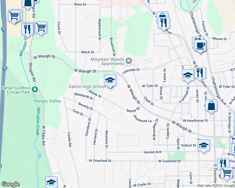 map of restaurants, bars, coffee shops, grocery stores, and more near 1500 Manly Street in Dalton