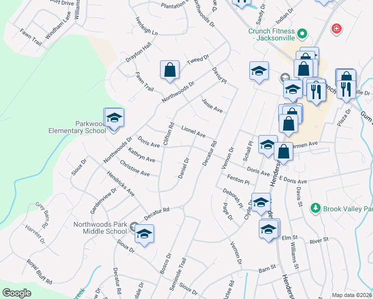 map of restaurants, bars, coffee shops, grocery stores, and more near 1037 Daniel Drive in Jacksonville