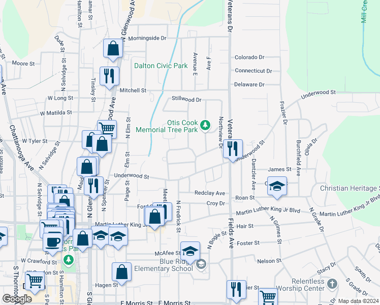 map of restaurants, bars, coffee shops, grocery stores, and more near 515 East Woodland Drive in Dalton