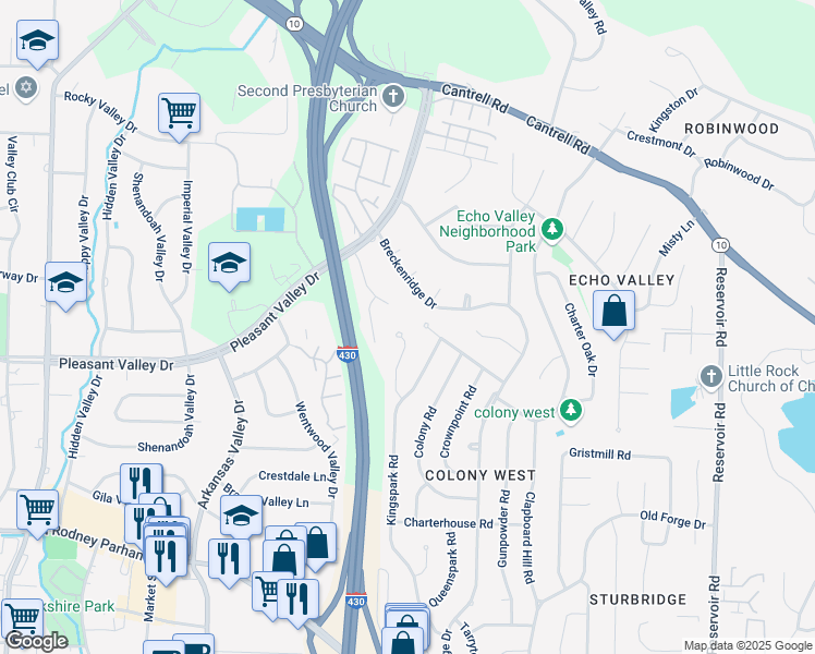 map of restaurants, bars, coffee shops, grocery stores, and more near 23 Kingspark Court in Little Rock