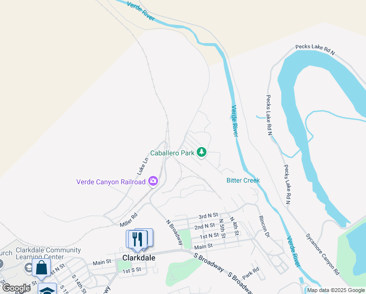 map of restaurants, bars, coffee shops, grocery stores, and more near 551 North Broadway in Clarkdale