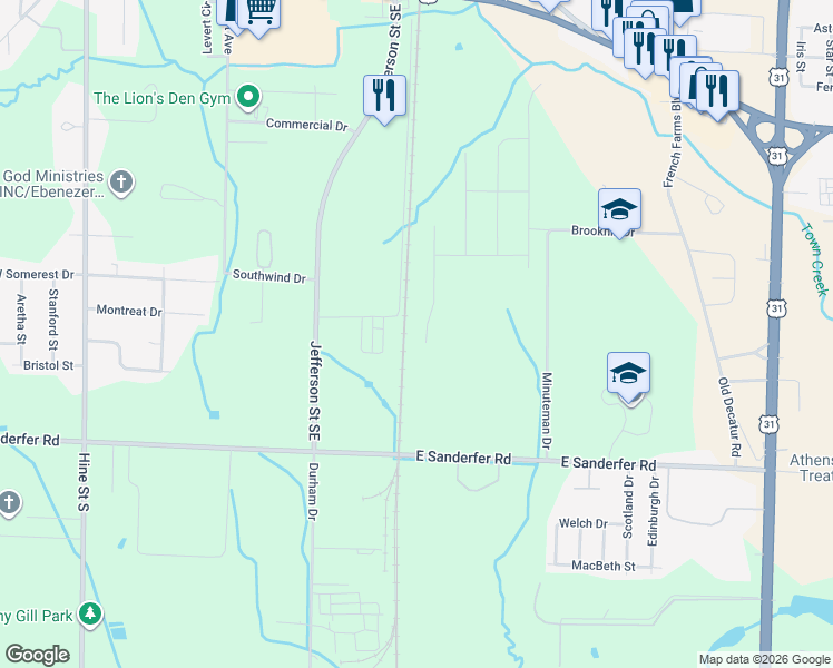 map of restaurants, bars, coffee shops, grocery stores, and more near 1601 South Monroe Street in Athens