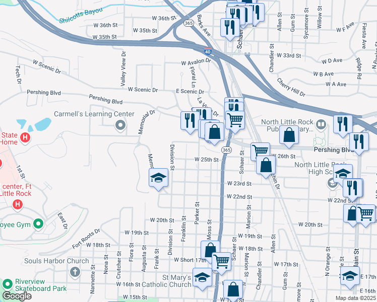 map of restaurants, bars, coffee shops, grocery stores, and more near 2516 Franklin Street in North Little Rock