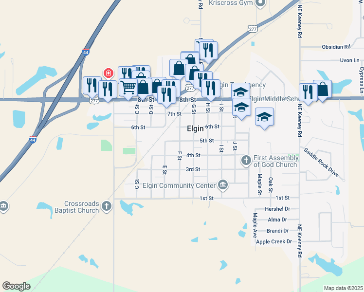 map of restaurants, bars, coffee shops, grocery stores, and more near 410 F St in Elgin
