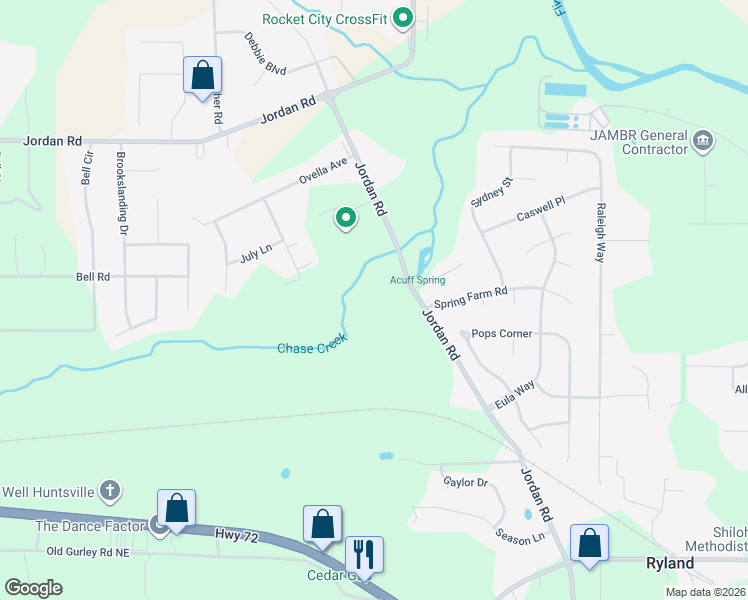 map of restaurants, bars, coffee shops, grocery stores, and more near 100 Winding Brook Lane in Huntsville