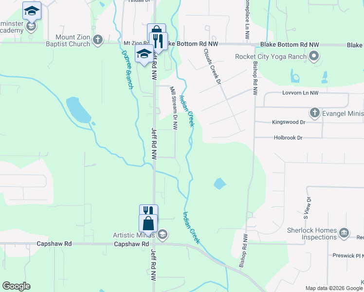 map of restaurants, bars, coffee shops, grocery stores, and more near 265 Mill Stream Drive Northwest in Huntsville