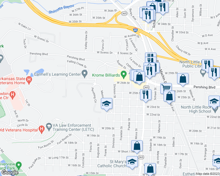 map of restaurants, bars, coffee shops, grocery stores, and more near 1421 West 25th Street in North Little Rock