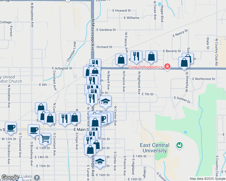map of restaurants, bars, coffee shops, grocery stores, and more near 800 East 7th Street in Ada