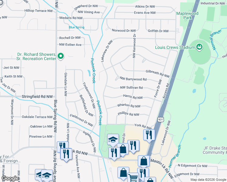 map of restaurants, bars, coffee shops, grocery stores, and more near 2217 Northwest Sullivan Road in Huntsville
