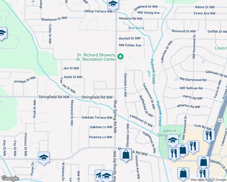map of restaurants, bars, coffee shops, grocery stores, and more near 2403 Springhill Road Northwest in Huntsville